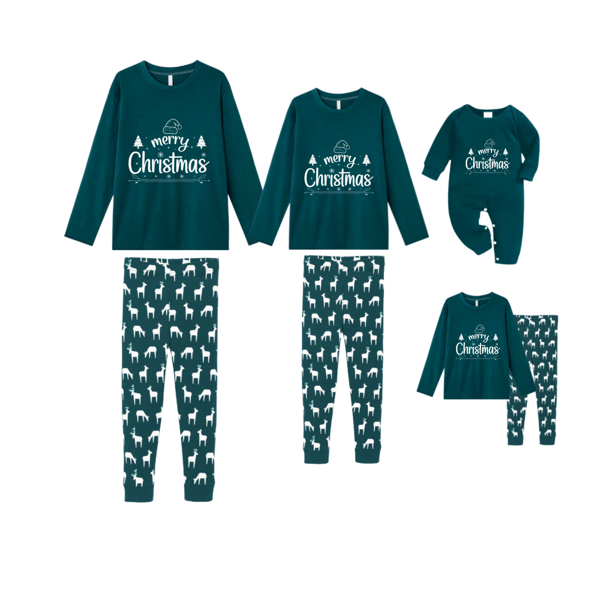 Christmas Family Matching Pajamas-Dark Green&Deer Patterned Pjs Set with "Merry Christmas" Artistic Font Print