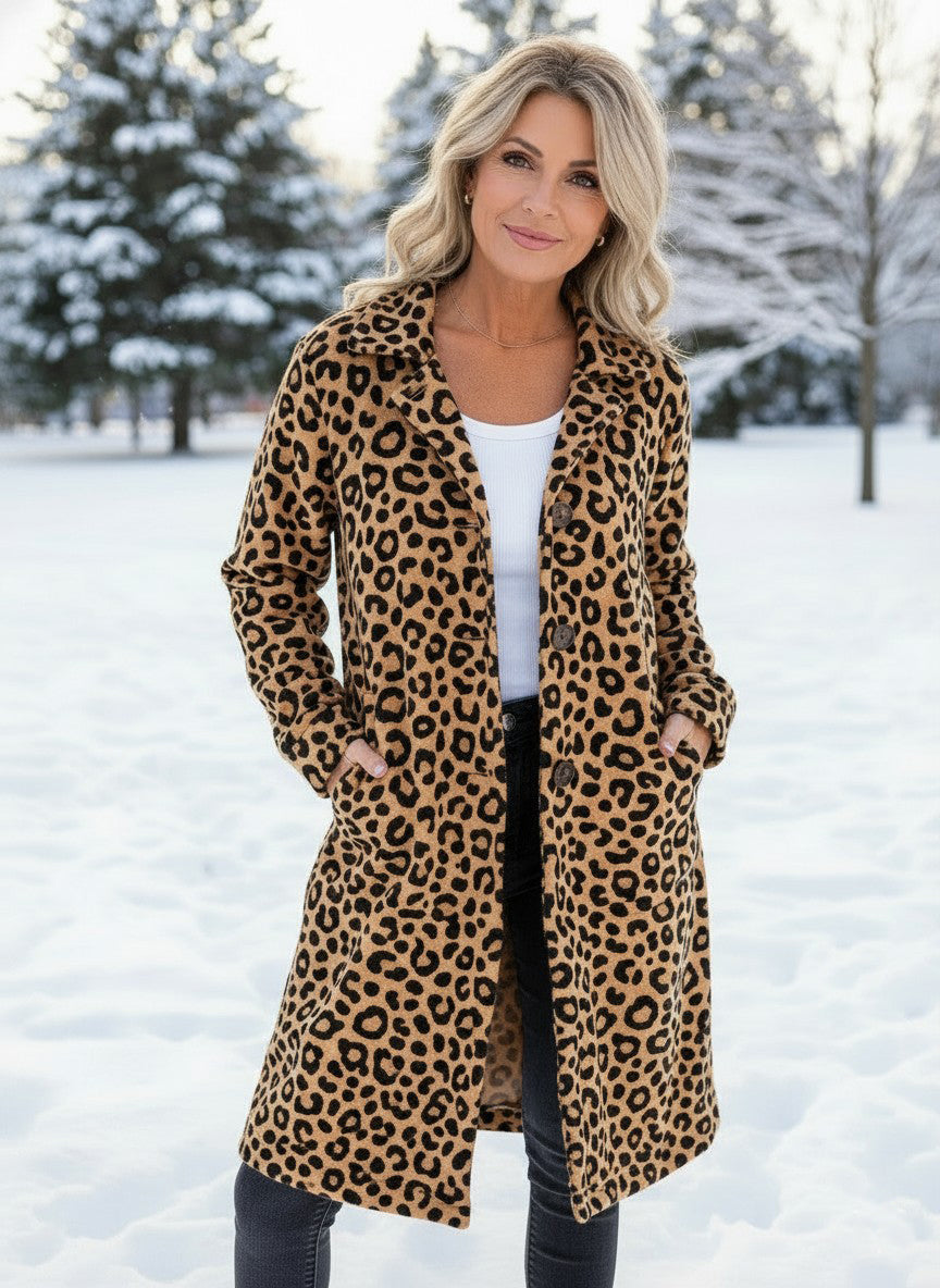 NEW🔥 Wool Casual Lapel Single-Breasted Long-Line Leopard Print Coat