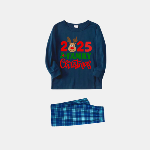 "2025 Family Christmas" Moose Letter Print Blue Plaid Christmas Matching Pajamas