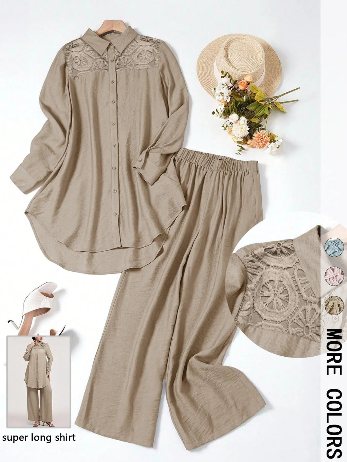Women's Casual Two-Piece Set, Hollow-Out Top and Loose-Fit Pants
