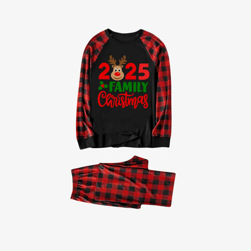 "2025 Family Christmas" Moose Letter Prints Black & Red Plaid Family Matching Black Pajamas
