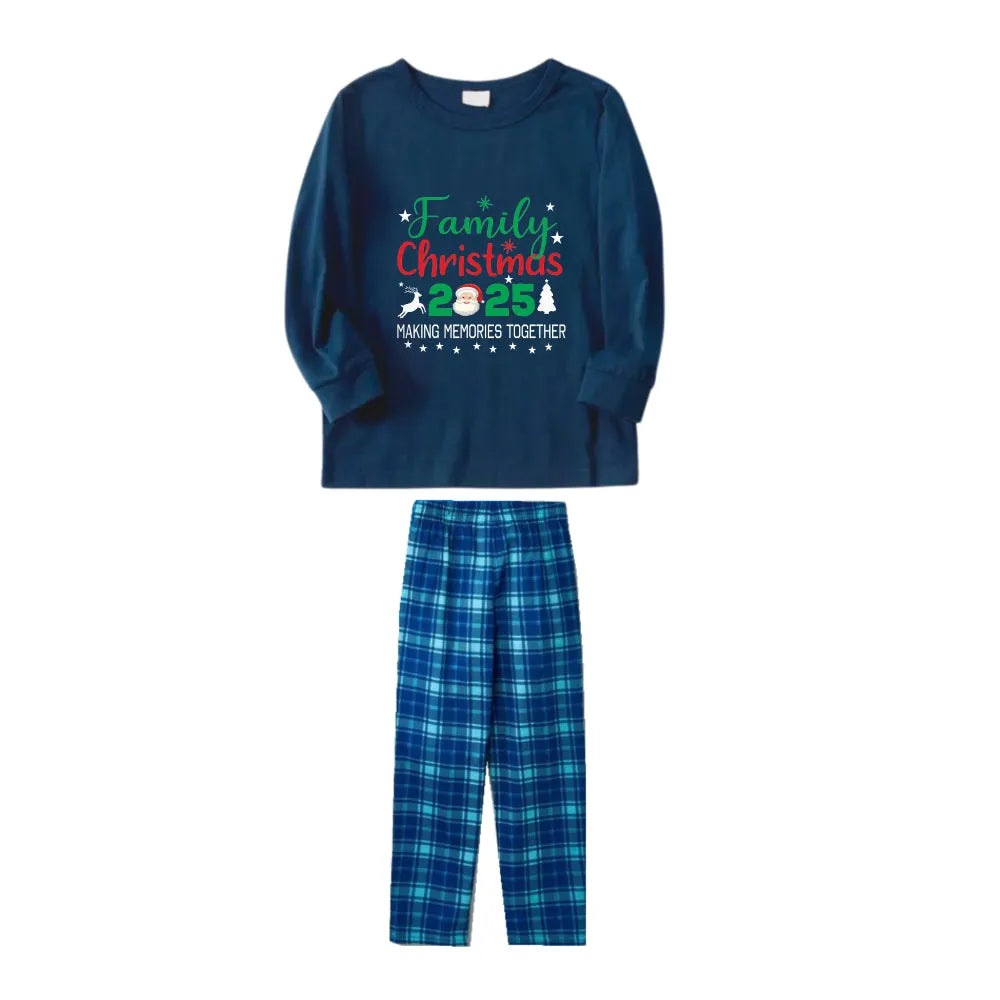 Christmas Family Matching Pajamas-Navy & Sky Blue Plaid Pjs Set with "Family Christmas 2025" and Santa Pattern Print