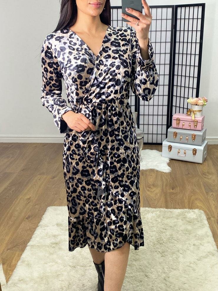 Addison Velvet Leopard Print Ruffle Detailed Dress
