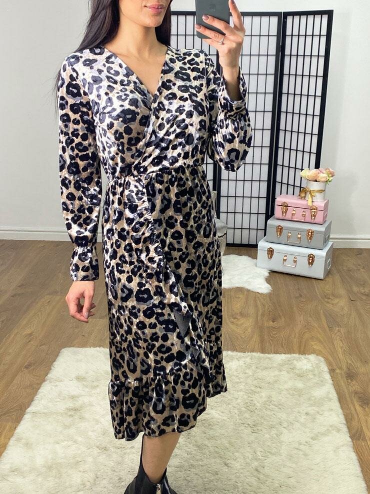 Addison Velvet Leopard Print Ruffle Detailed Dress