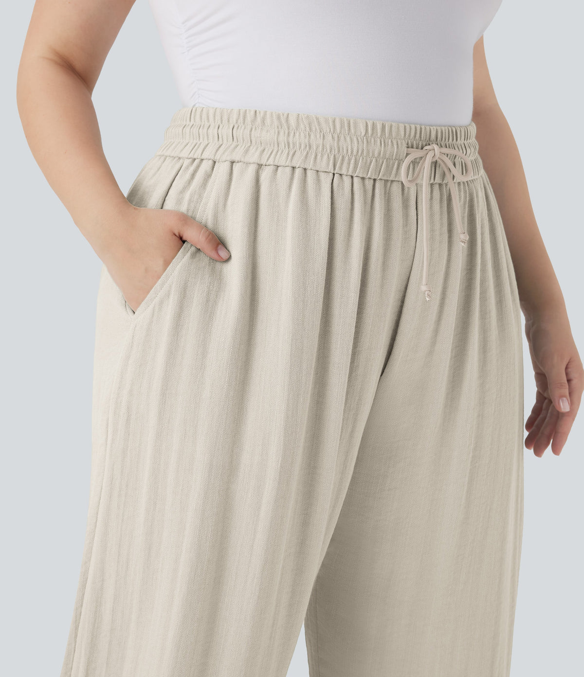 High Waisted Drawstring Linen-Feel Wide Leg Casual Plus Size Pants with Pockets