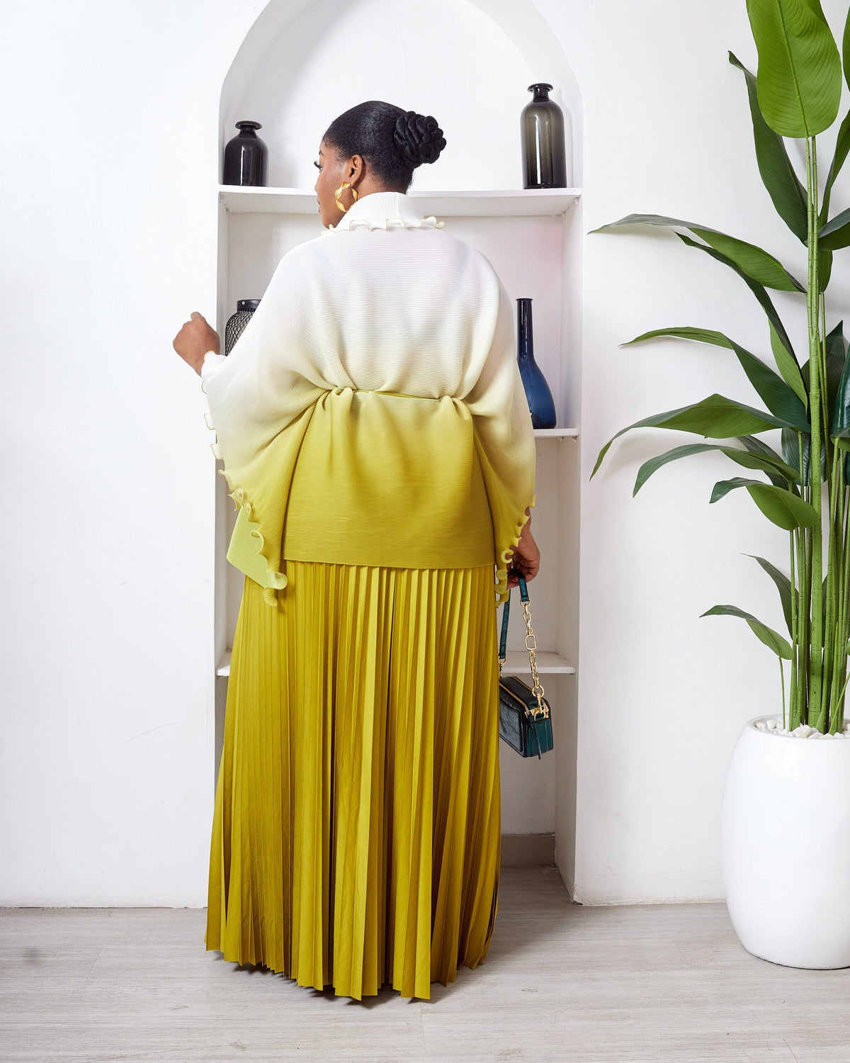 IVORY X OLIVE RUFFLE DETAIL BATWING TOP X PLEATED SKIRT MIYAKI SUIT SET