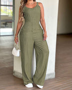 V-Neck Adjustable Thick Straps Denim Overalls Casual Shirred Back Wide Leg Suspender Jumpsuit