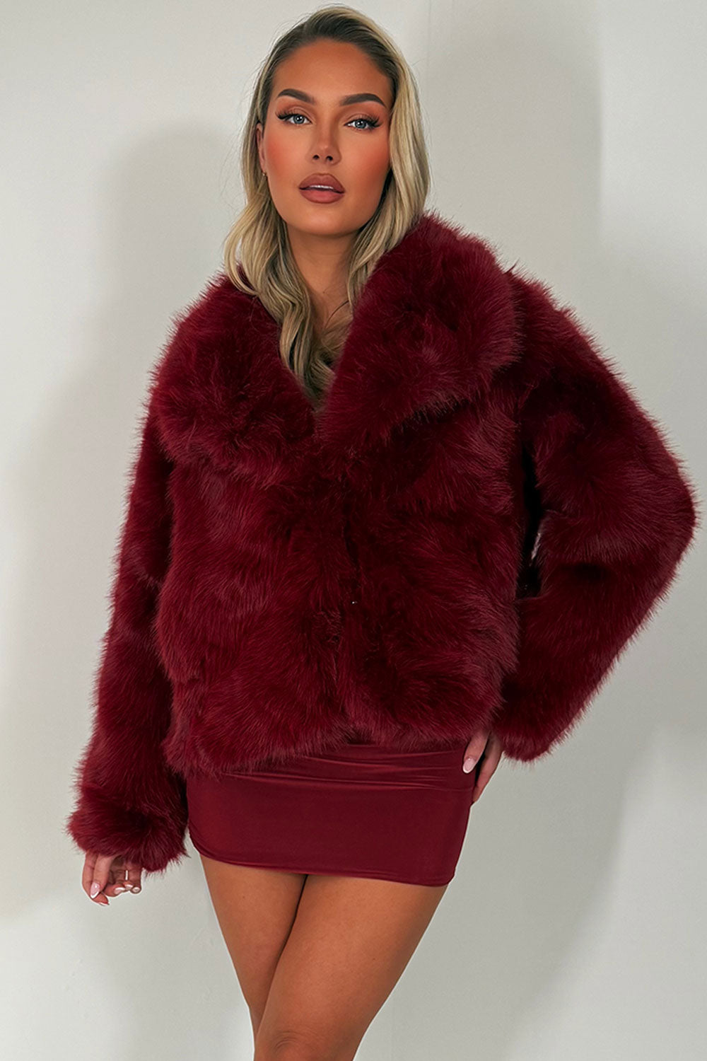 Faux Fur Jacket Collared Burgundy