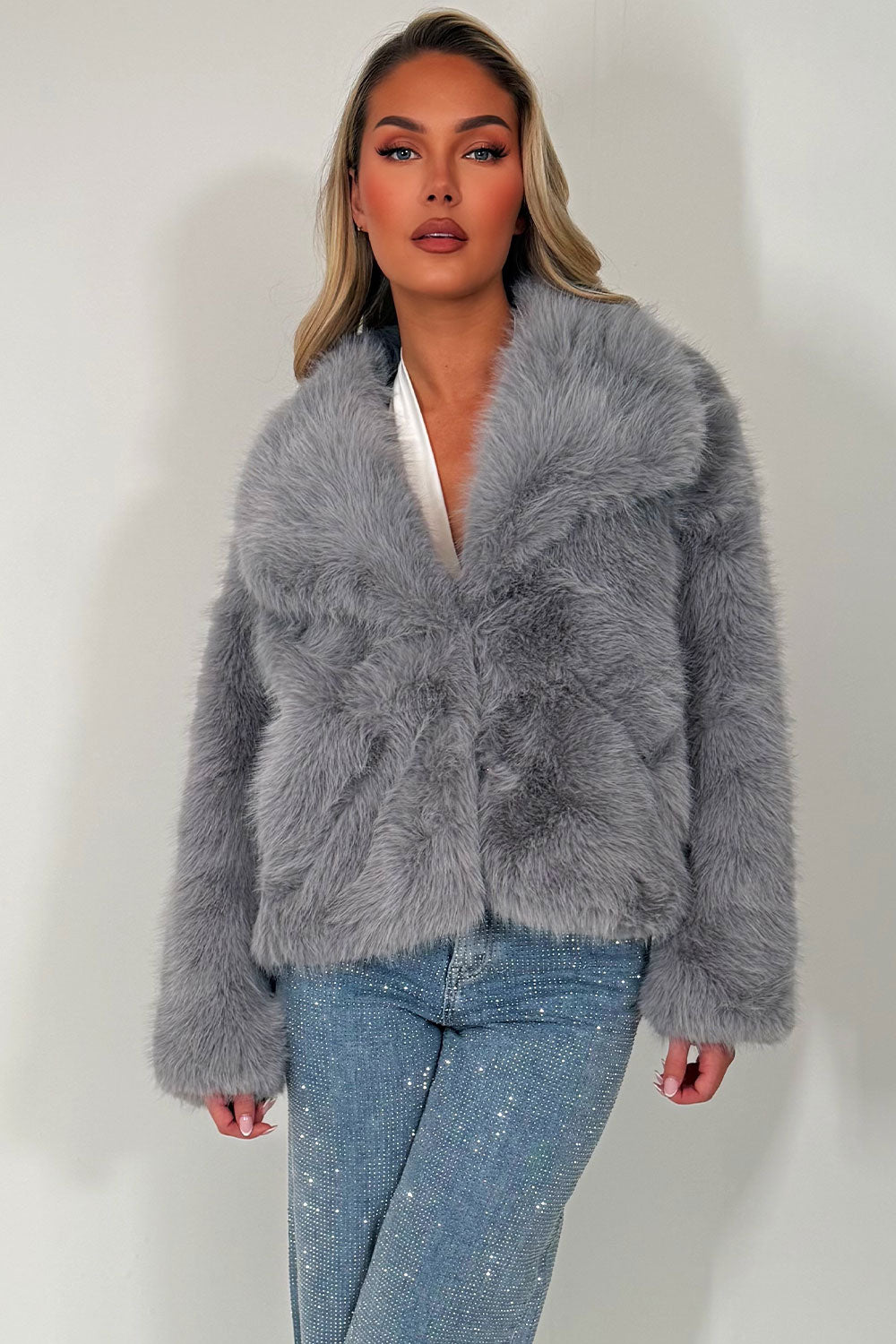 Faux Fur Jacket Collared Grey