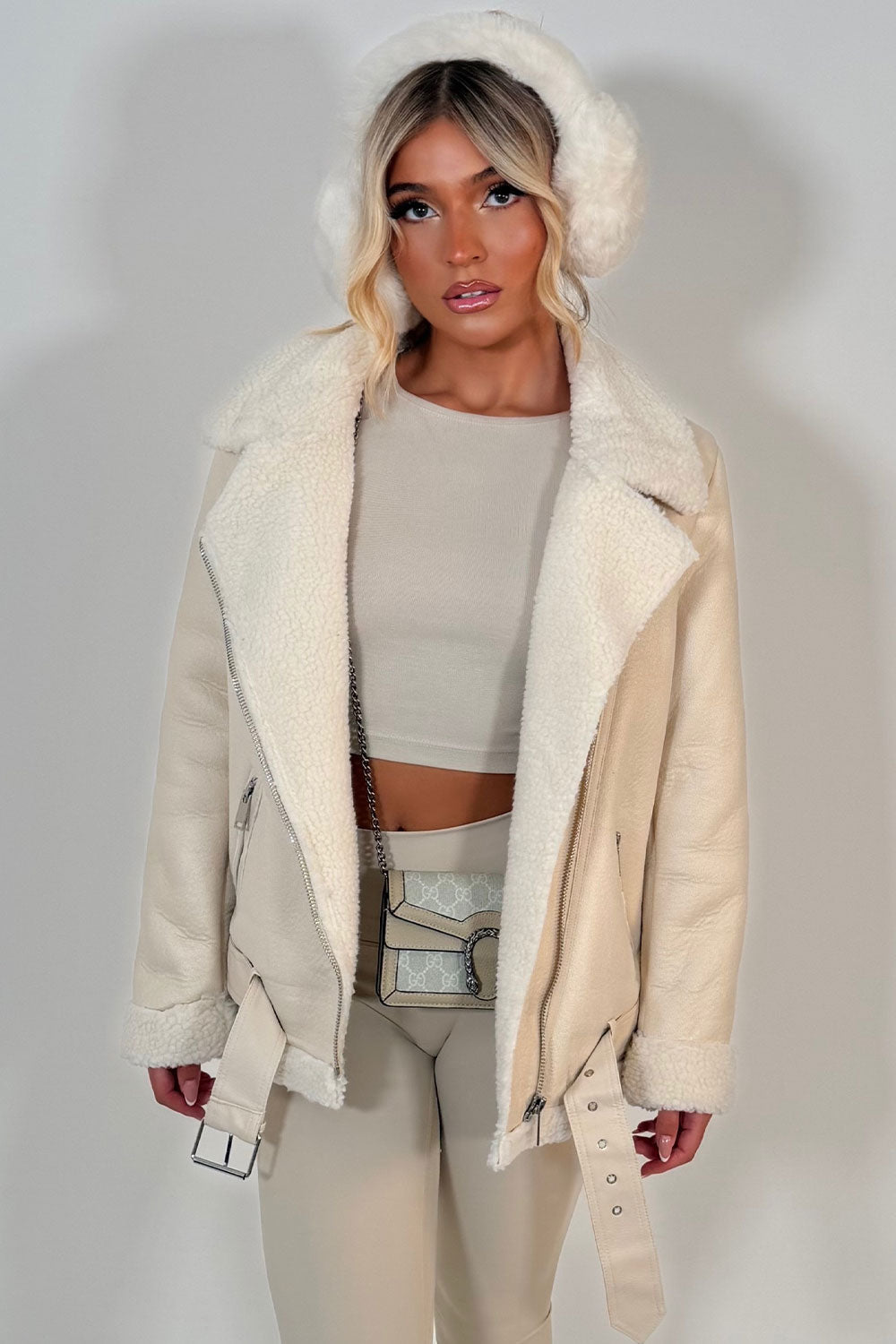 Aviator Jacket With Shearling Detail Beige