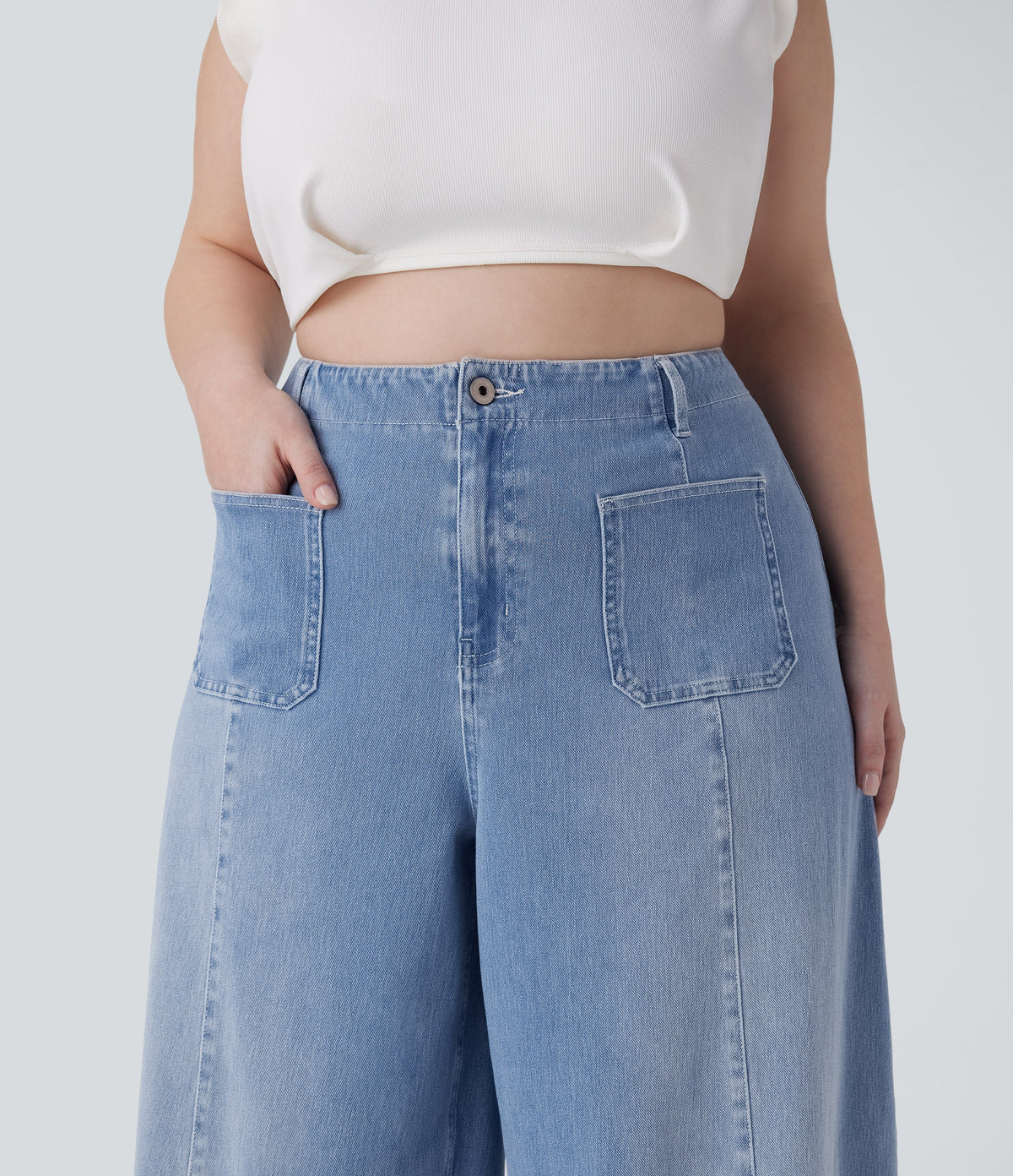 FlexTM High Waisted Pockets Washed Casual Wide Leg Plus Size Jeans