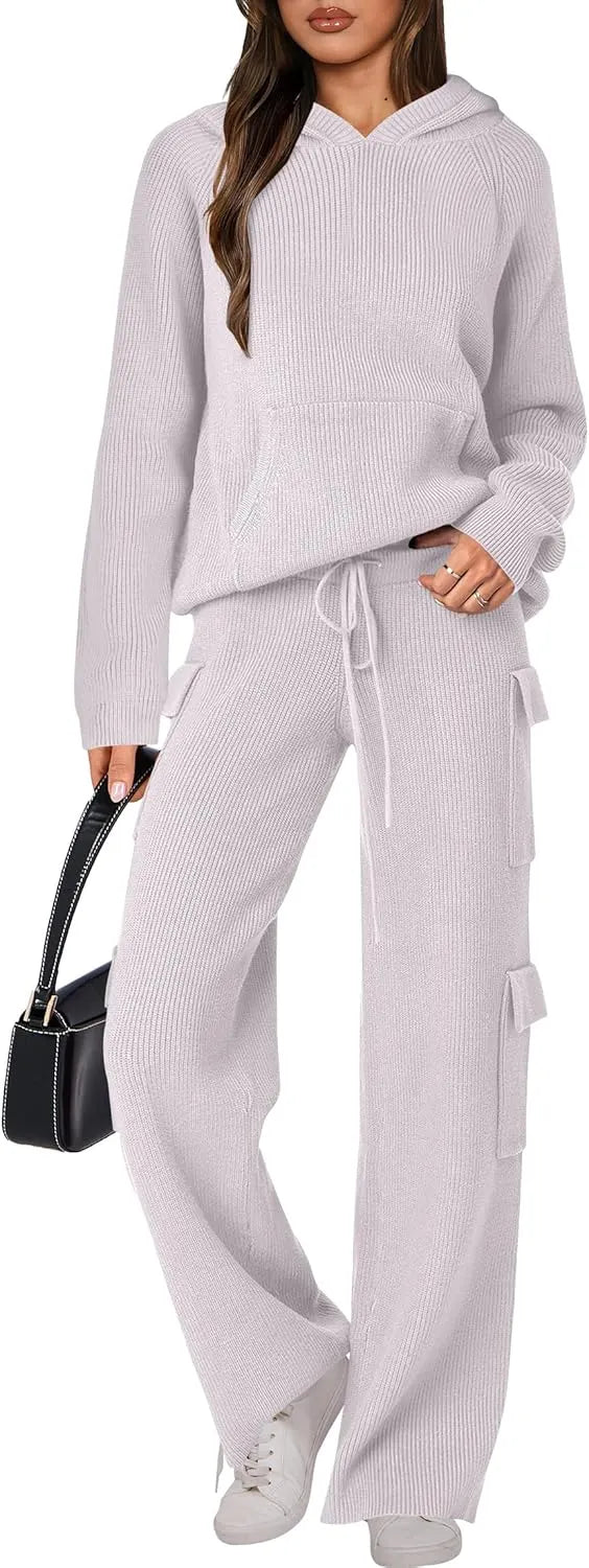 🎄Christmas Clearance 🔥 Women’s Two Piece Outfits Casual Knit Hooded Sweater Straight Leg Pants Set