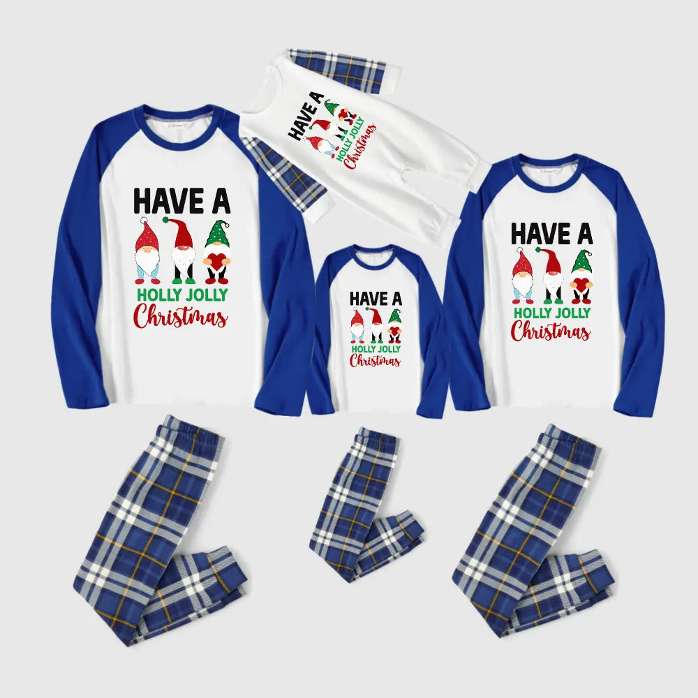 Christmas Family Matching Pajamas-Blue Raglan Top Blue Plaid Pants Pjs Set with Gnome and "Have A Holly Jolly Christmas" Print