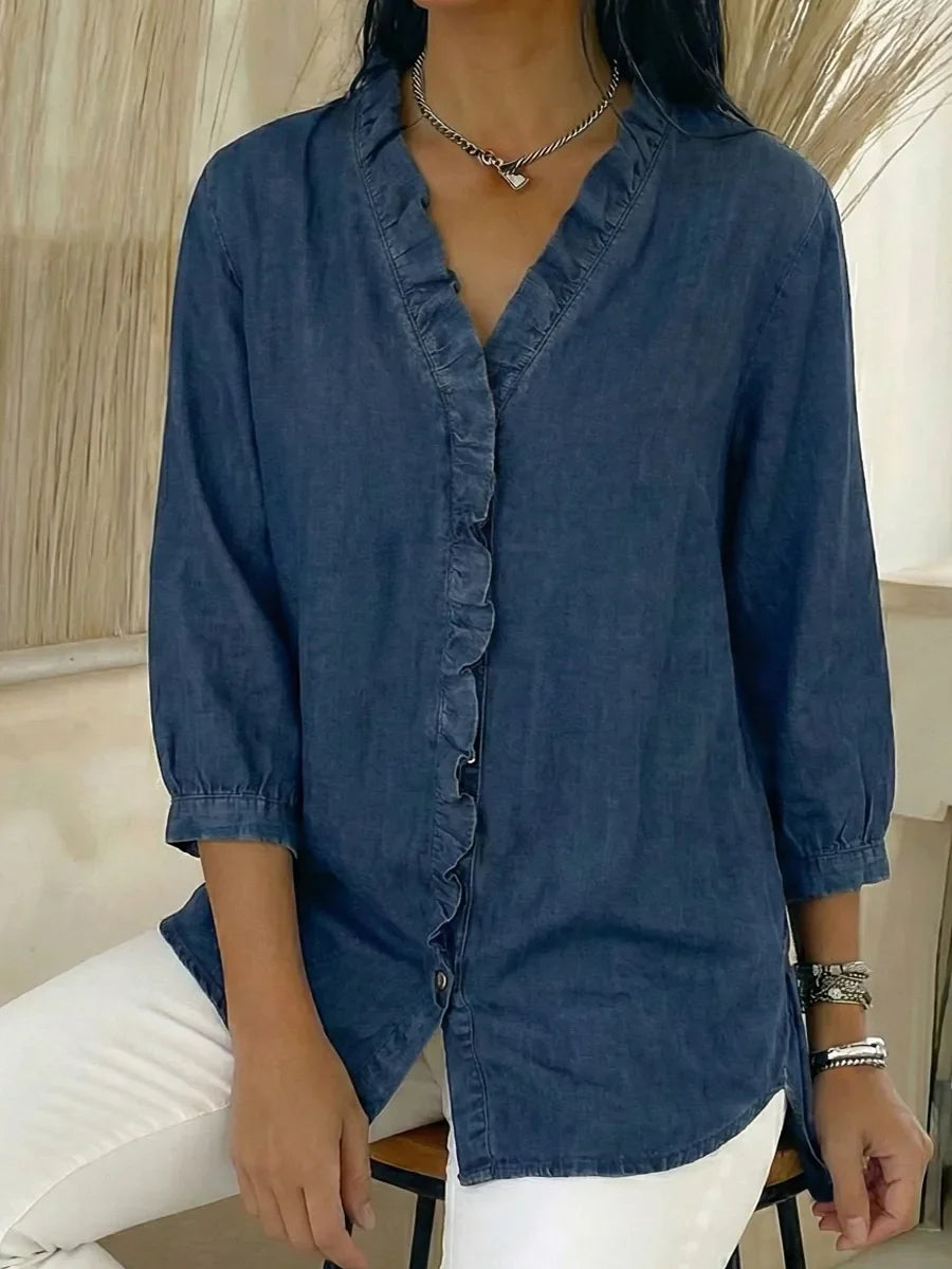 Women's Casual Denim V-Neck Ruffled Shirt