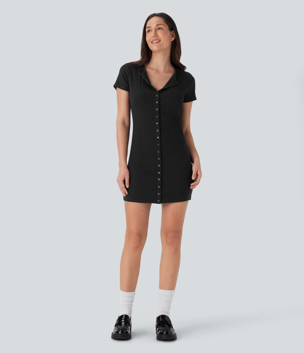Ribbed Knit Round Neck Mini Casual Dress