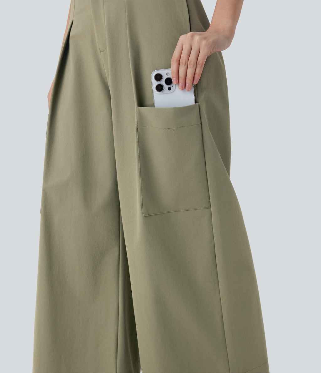 Mid Rise Wide Leg Work Pants with Pockets