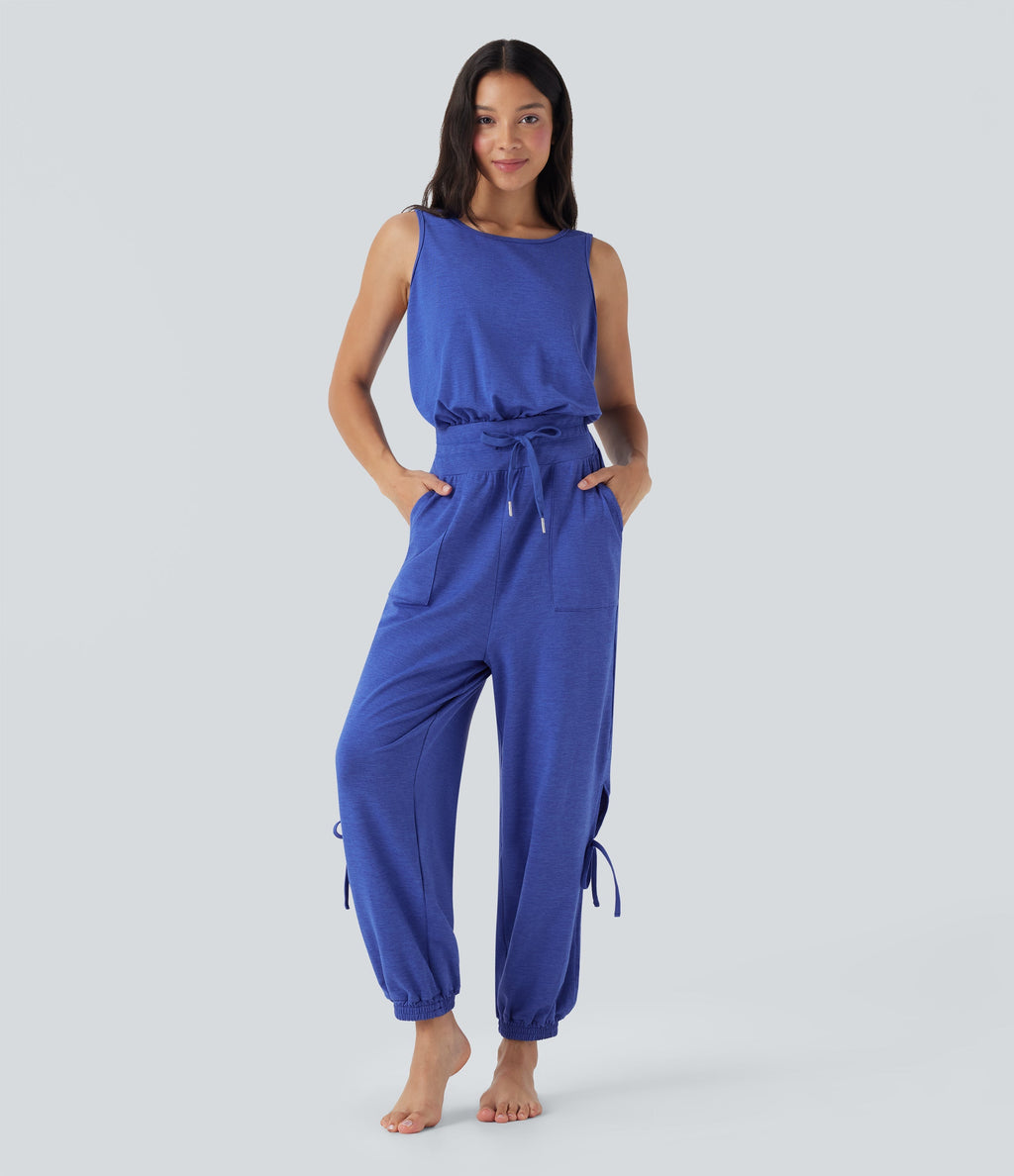 Sleeveless Cut Out Drawstring Yoga Jumpsuit with Pockets