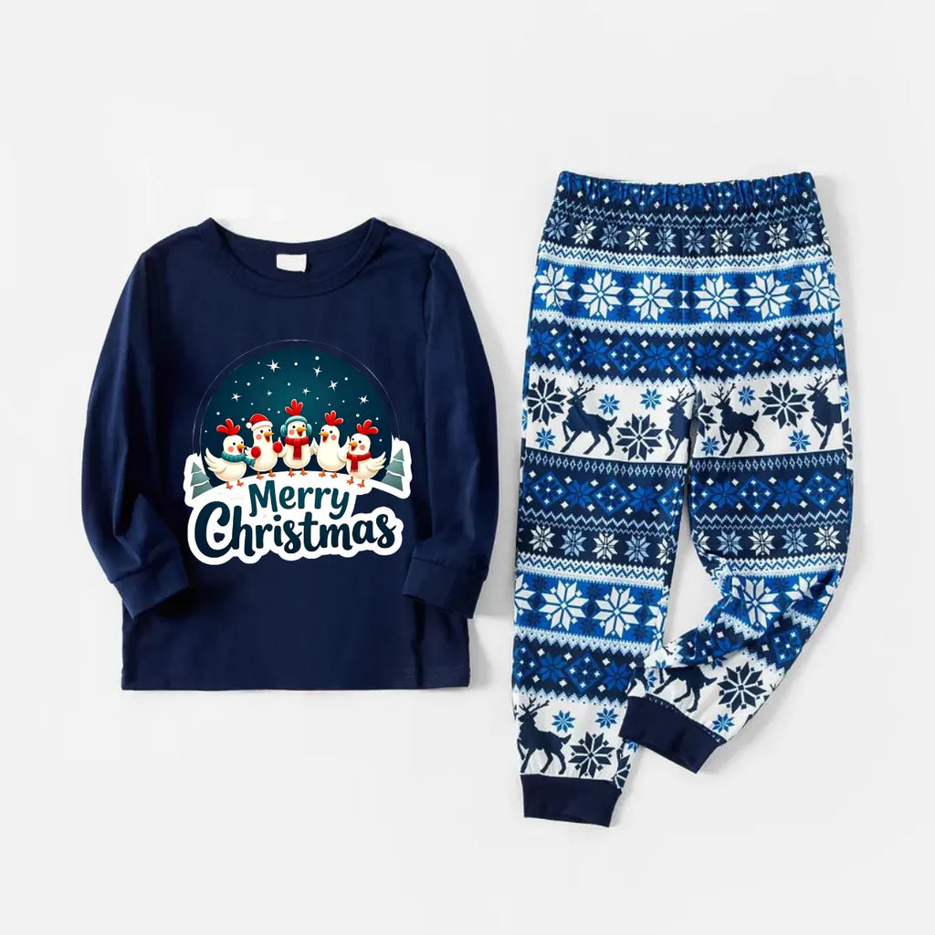 Joyful Blue Christmas Pajamas Set With Happy Chickens and "Merry Christmas" Text Print