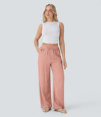 Women Summer High Waisted Drawstring Pocket Wide Leg Casual Linen-Feel Pants