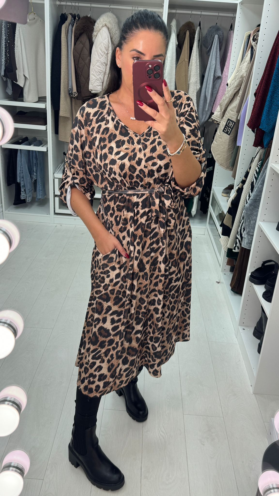 Colina Leopard Print Ribbed Midi Dress