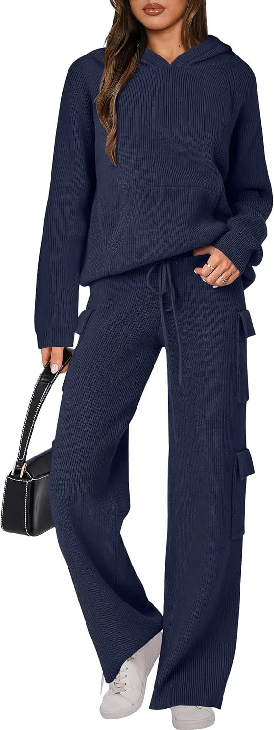 🎄Christmas Clearance 🔥 Women’s Two Piece Outfits Casual Knit Hooded Sweater Straight Leg Pants Set