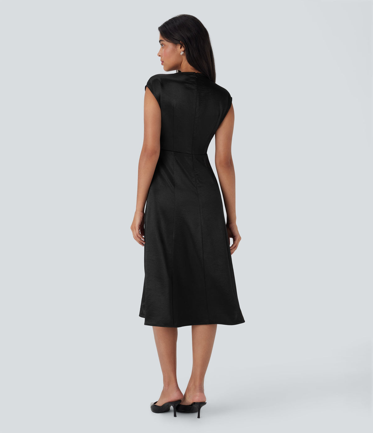 Round Neck Ruched Midi Satin Work Dress with Pockets