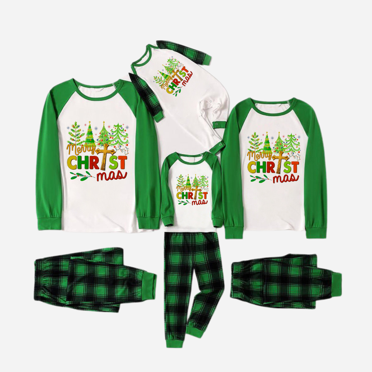 Merry Christmas Trees Family Christmas Pajamas Set - White Top with Green Sleeves and Green Plaid Pants