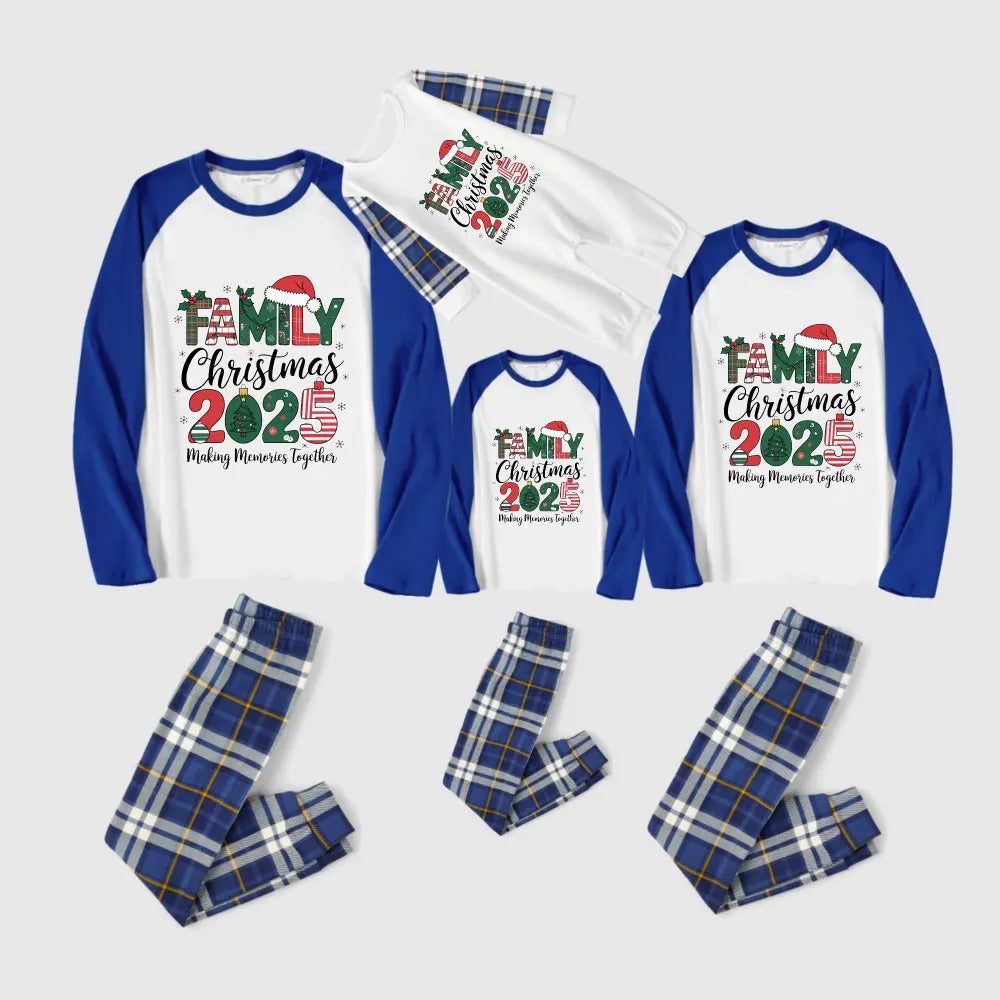 Christmas Family Matching Pajamas-Blue Raglan Top Blue Plaid Pants Pjs Set with "Family Christmas 2025" Print