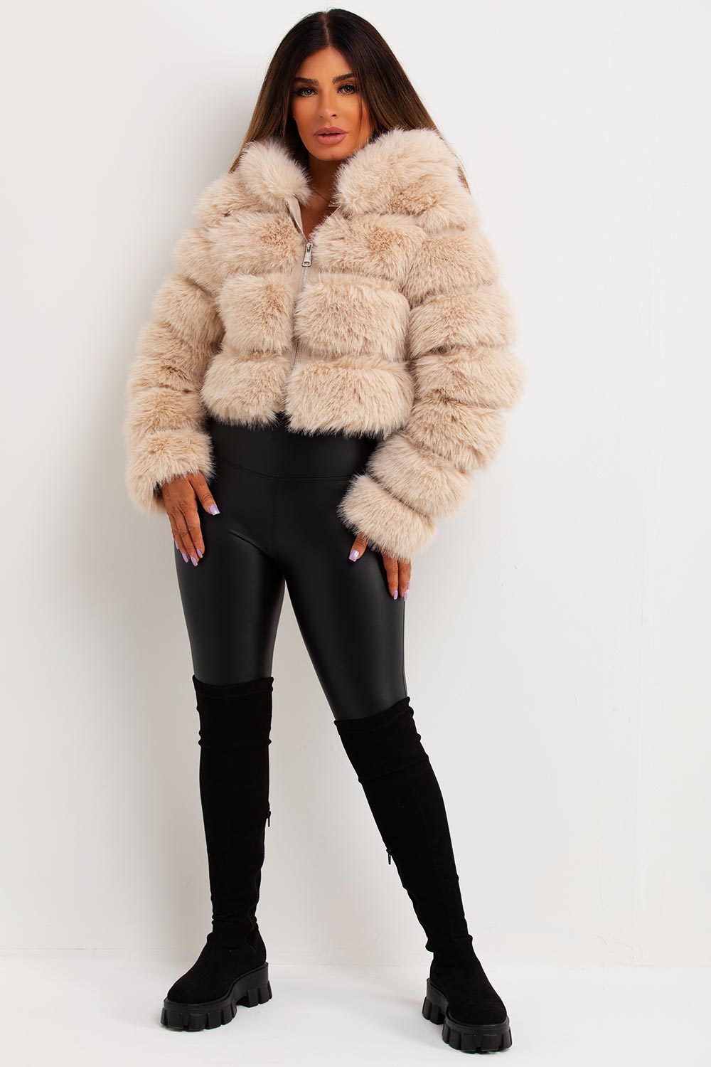 Faux Fur Coat With Hood Beige