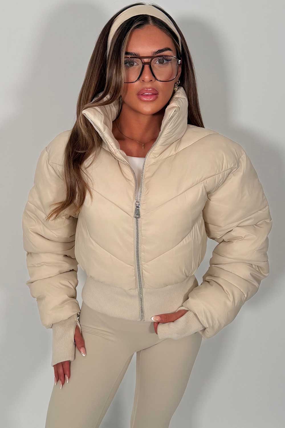 Cropped Puffer Jacket Beige
