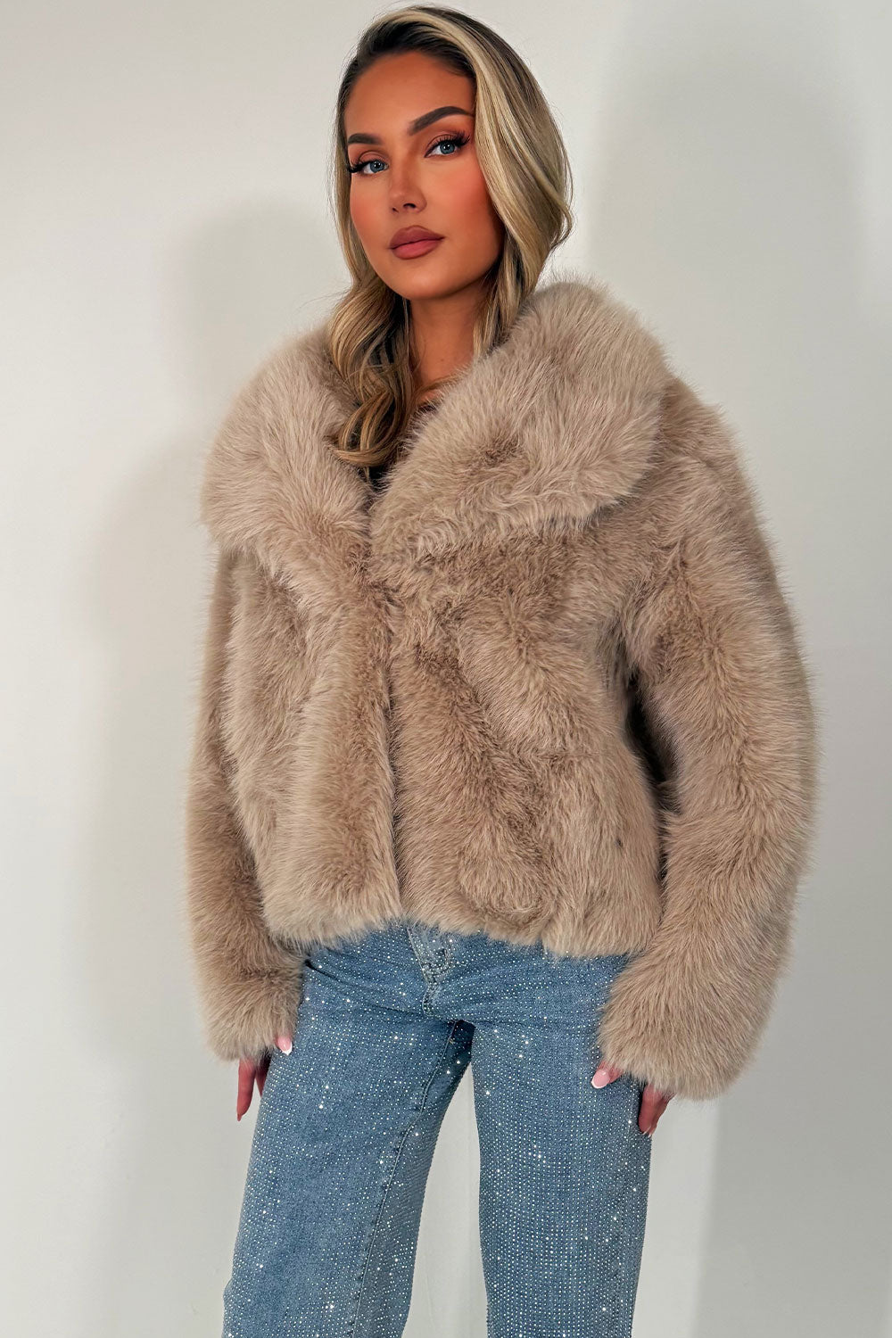 Faux Fur Jacket Collared Beige