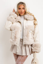 Faux Fur Trim Faux Leather Jacket Beige