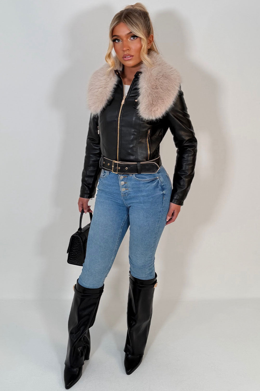 Beige Faux Fur Collar Jacket In Black Faux Leather With Belt