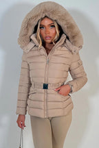Puffer Padded Winter Jacket With Faux Fur Hood Beige