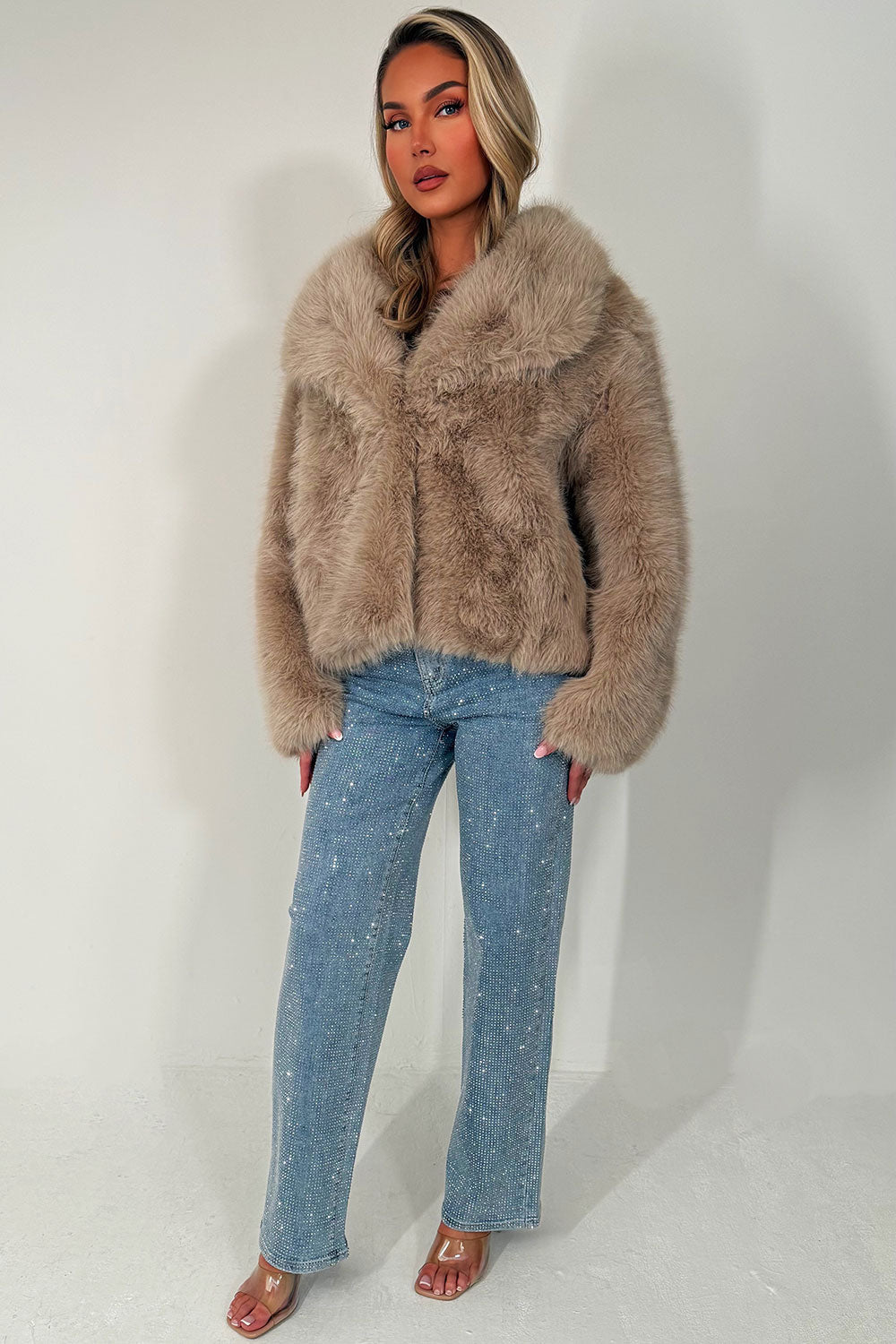 Faux Fur Jacket Collared Beige