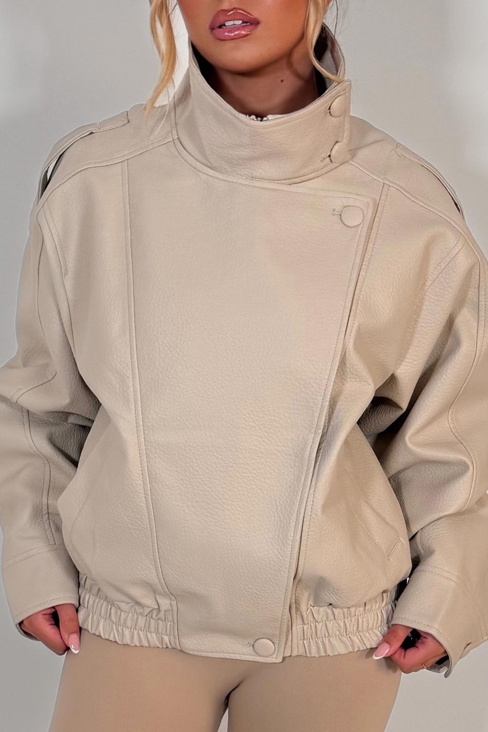 Faux Leather Funnel Neck Jacket Beige