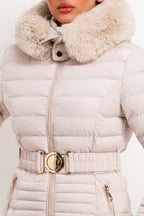 Puffer Jacket With Faux Fur Hood And Gold Belt Beige