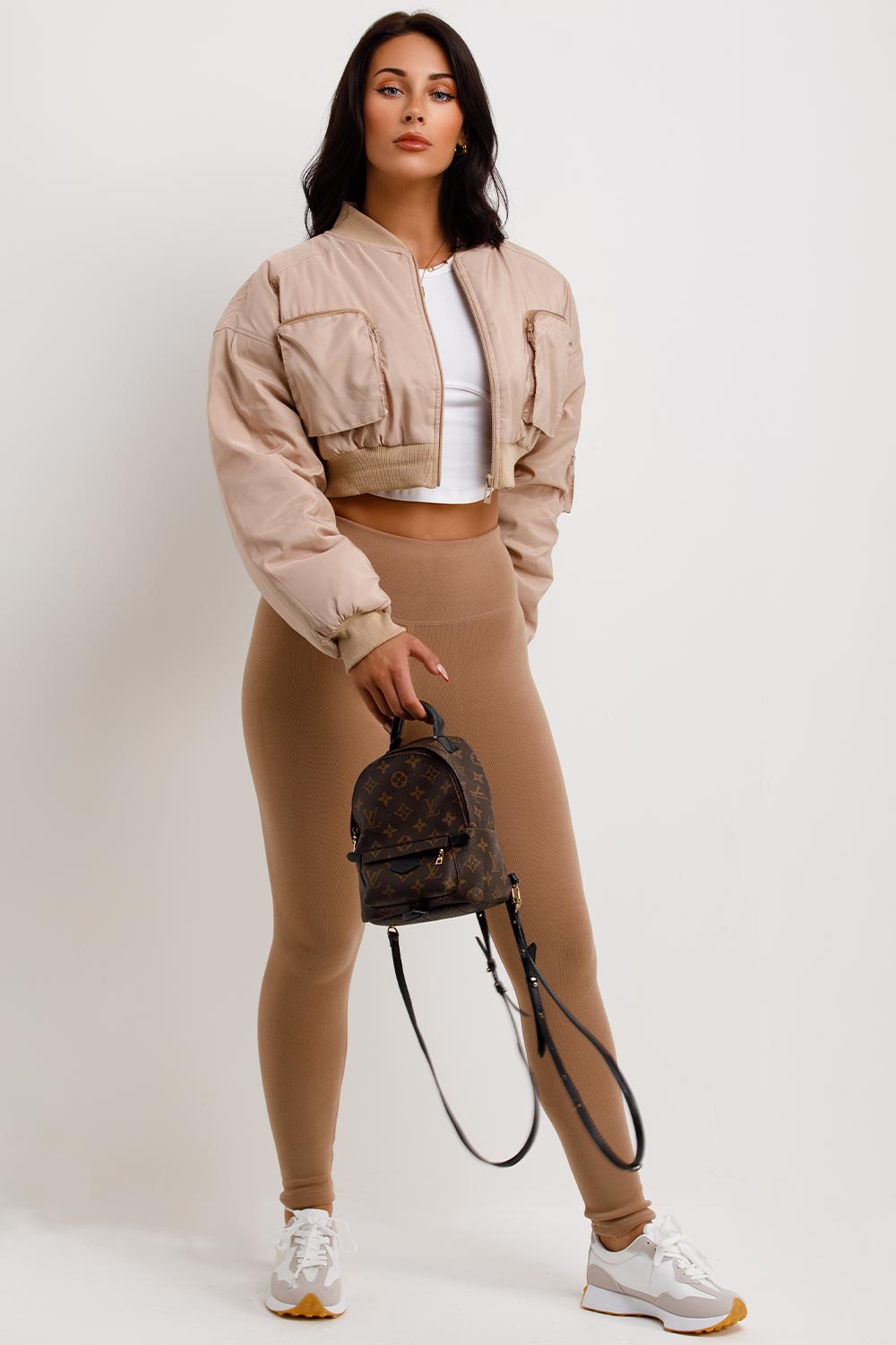 Crop Bomber Jacket With Pockets Beige