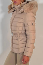 Puffer Padded Winter Jacket With Faux Fur Hood Beige