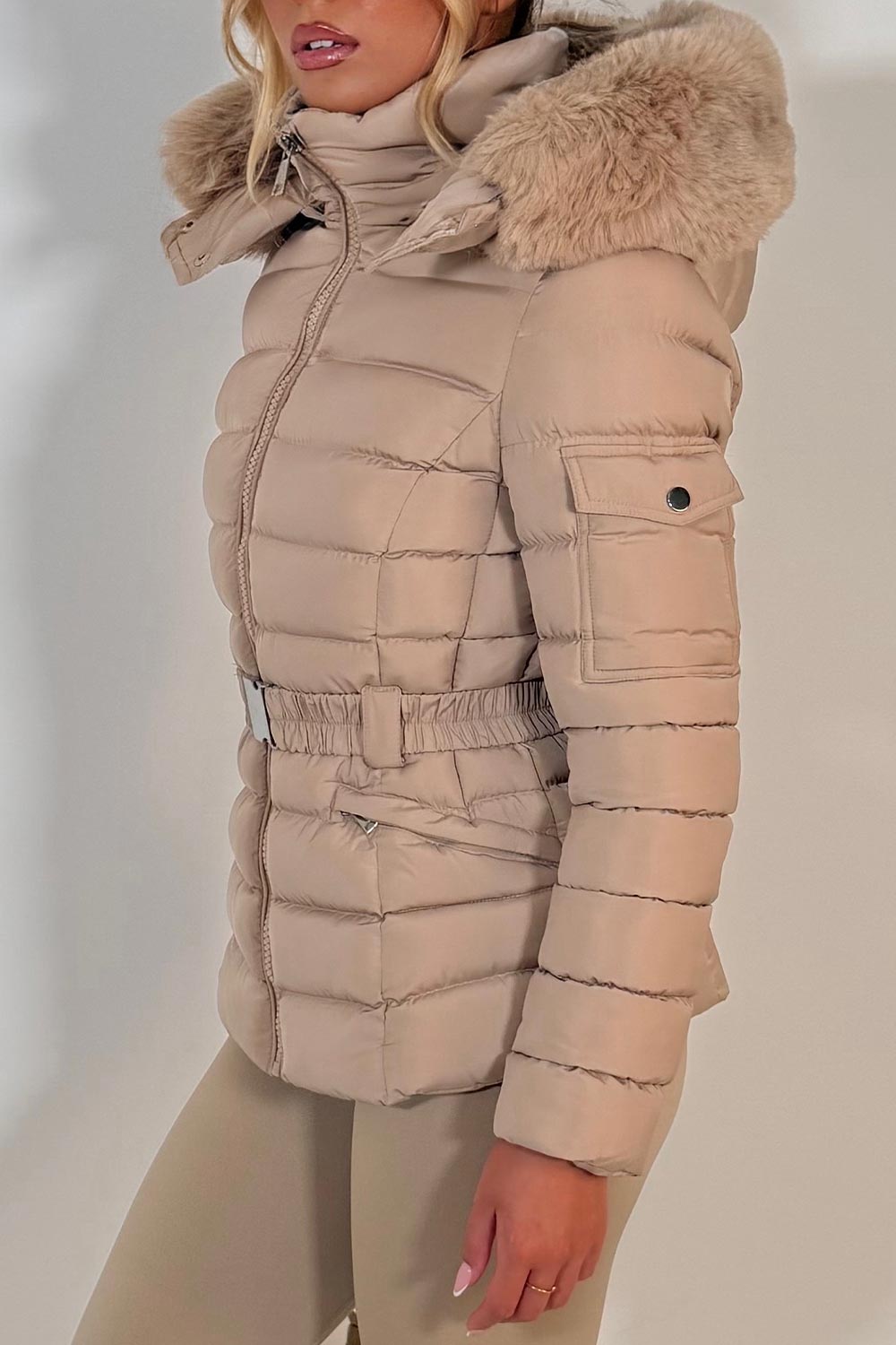 Puffer Padded Winter Jacket With Faux Fur Hood Beige