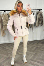 Faux Fur Hood Puffer Jacket With Belt Beige