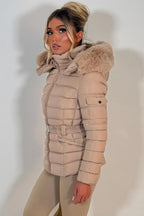 Puffer Padded Winter Jacket With Faux Fur Hood Beige