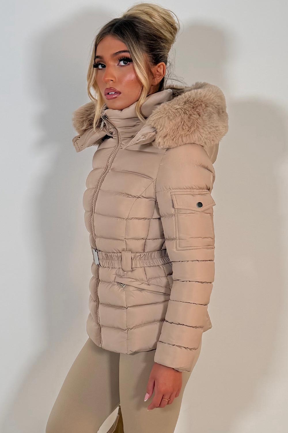 Puffer Padded Winter Jacket With Faux Fur Hood Beige