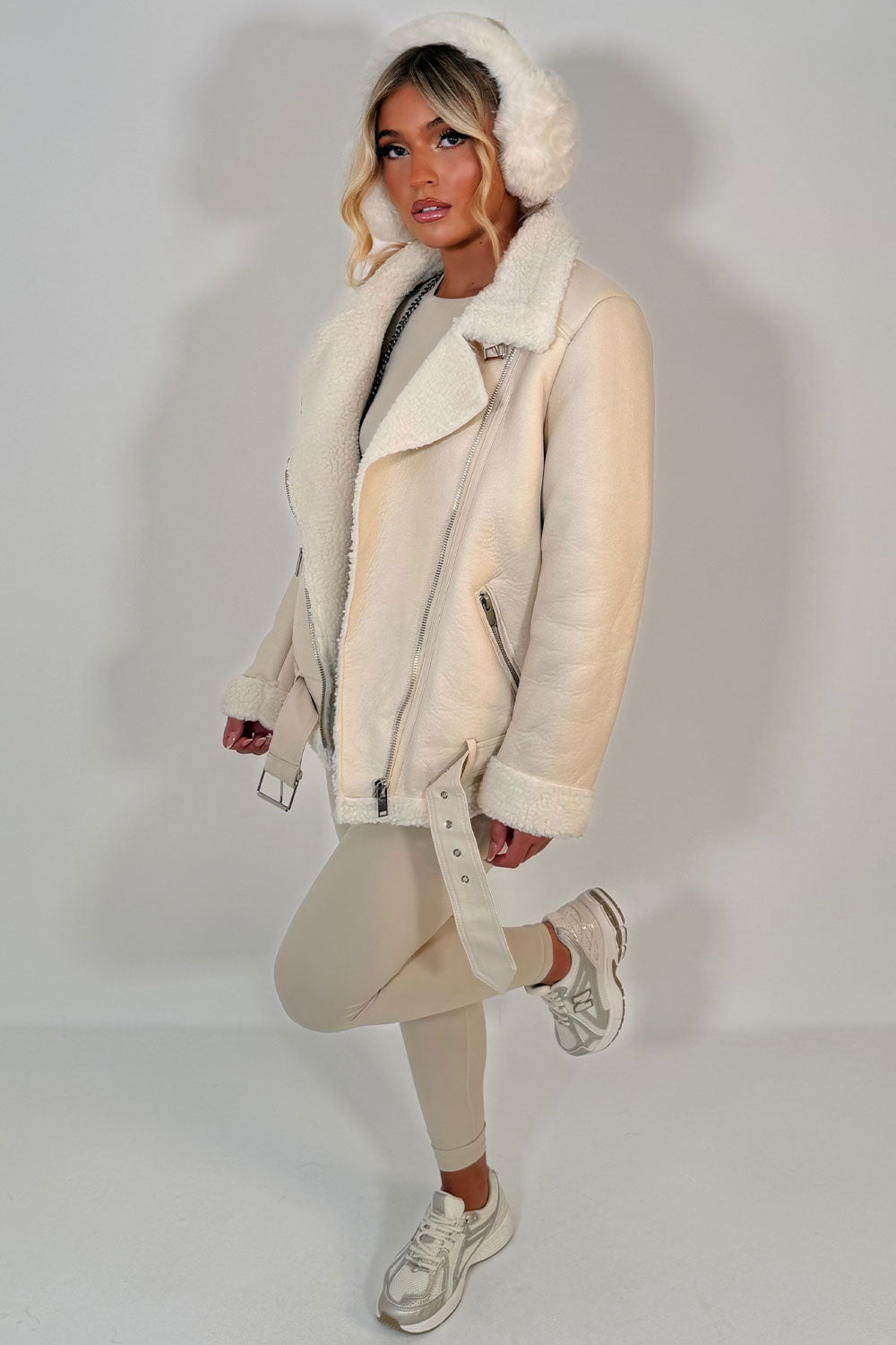Aviator Jacket With Shearling Detail Beige