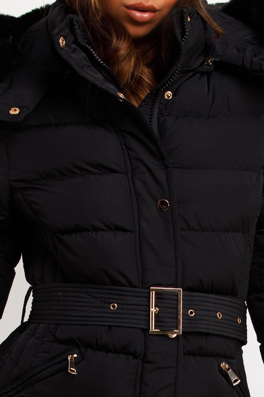 Black Puffer Coat With Faux Fur Hood And Belt