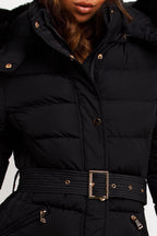 Black Puffer Coat With Faux Fur Hood And Belt