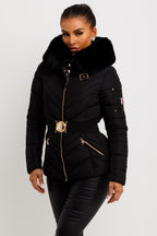 Puffer Jacket With Fur Hood And Belt Black