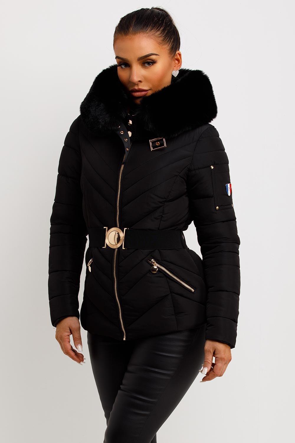 Puffer Jacket With Fur Hood And Belt Black