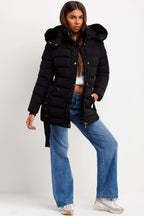 Black Puffer Coat With Faux Fur Hood And Belt