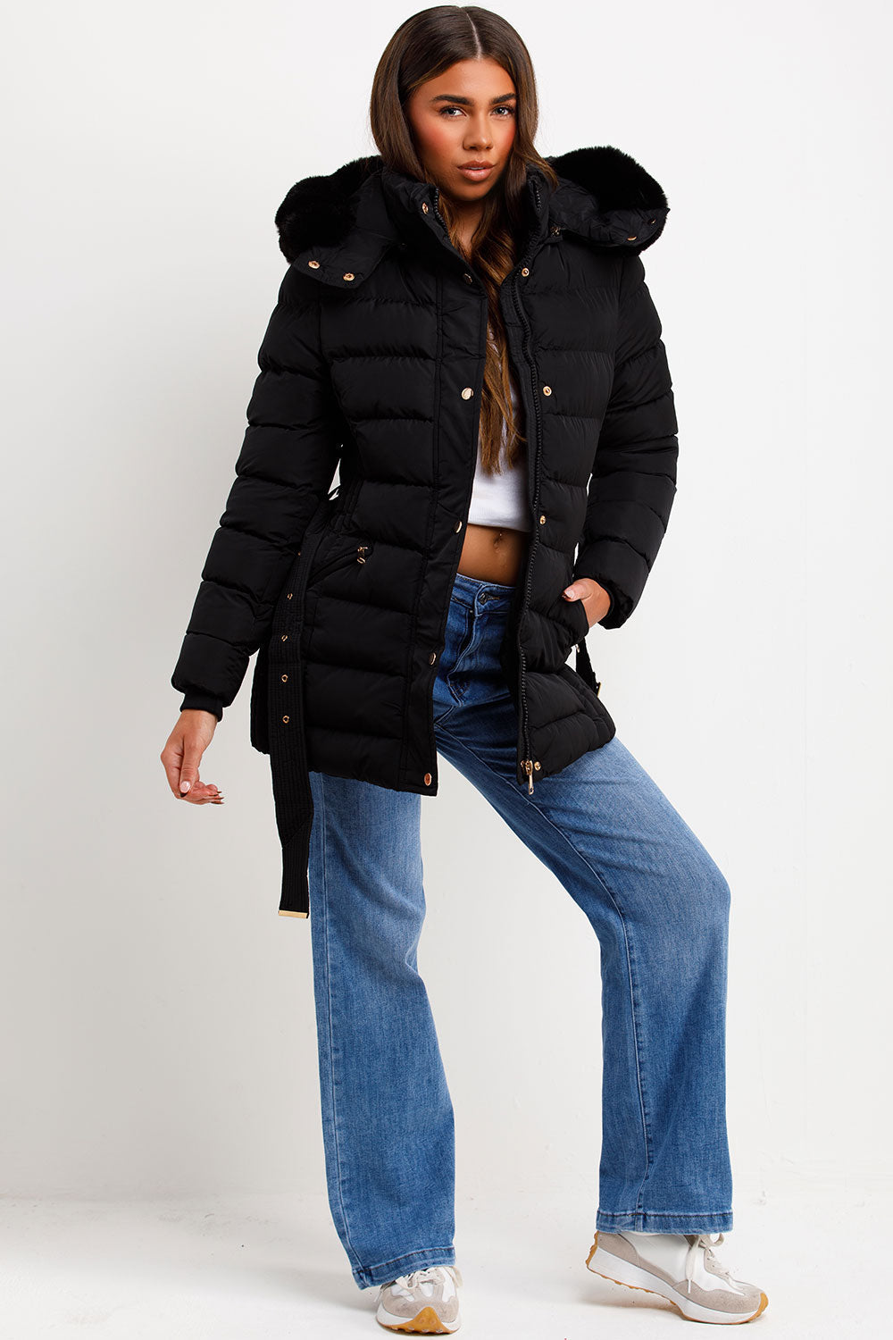 Black Puffer Coat With Faux Fur Hood And Belt